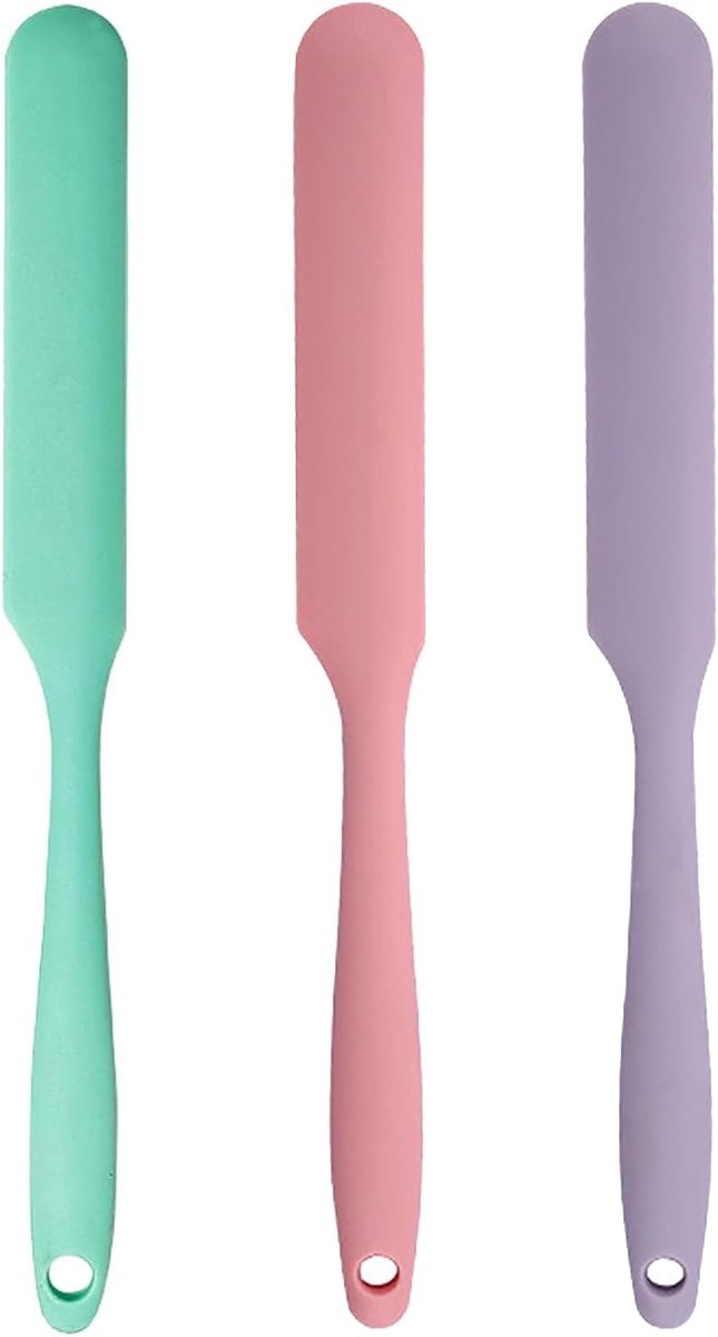 Set van 3 siliconen pottenschrapers met lange steel – 24 × 2,3 cm – Ideaal voor roeren, schrapen en smeren – Geschikt voor alle soorten potten, kommen, taartglazuur, boter en deeg – Paars, Roze, Groen