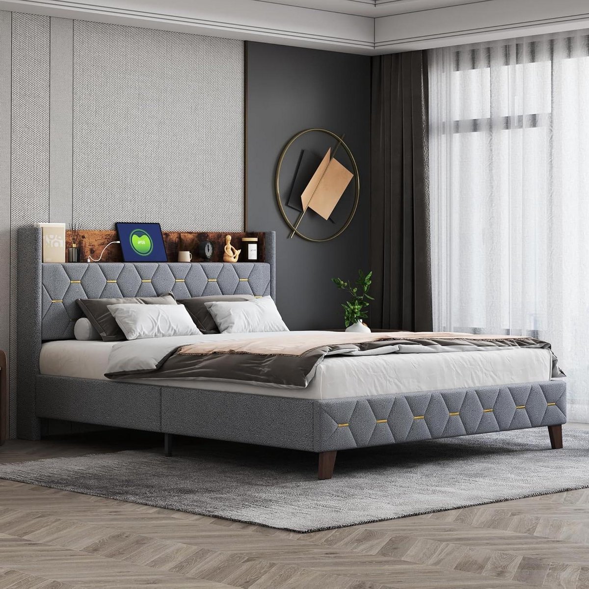 Gestoffeerd tweepersoonsbed - Logeerbed dubbel - Comfortabel slapen - Opbergruimte hoofdei