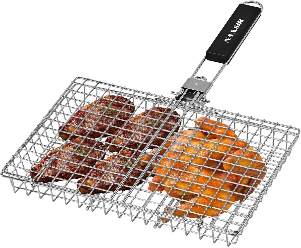 NAXSIR BBQ Grillmand - 32 cm ×22cm- Opvouwbaar-Afneembare Handgreep - Anti-Aanbak Grillnet-RVS
