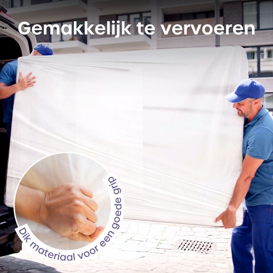 Twee mannen dragen een matras, de tekst zegt 'Gemakkelijk te vervoeren'.