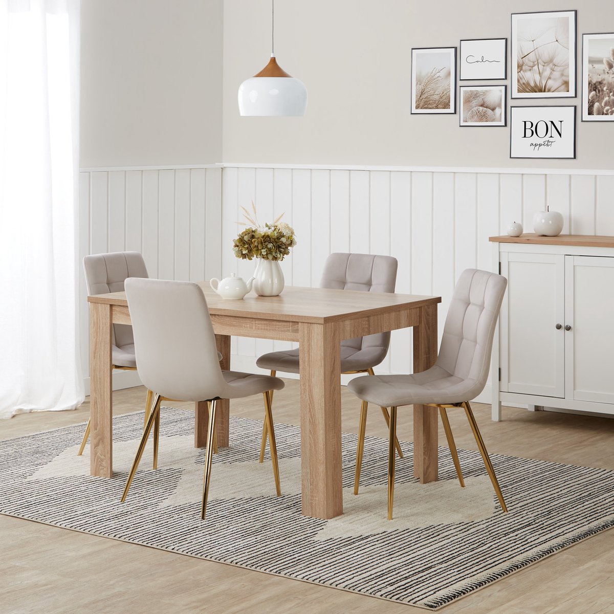 Homestyle4u Eethoeken - 120x80 cm - met 4 stoelen - Crème - Keukentafel Modern Natuurlijk