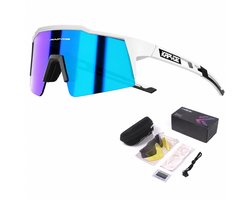 KAPVOE Sport Zonnebril - COMPLETE SET - 4 GLAZEN - Fietsbril - Sportbril - Mountainbike - Wielrennen - Ski - Wintersport - Polariserend - UV 400 - Nachtbril - Hoesje -Brillenkoker - Wit Blauw - apres ski