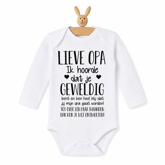 Baby rompertje met tekst | Lieve Opa Ik hoorde dat je geweldig bent en ben heel blij dat jij mijn opa gaat worden! ontmoeten! | lange mouw | maat 50-56 | aankondiging bekendmaking zwangerschap cadeau voor de liefste aanstaande en voor oma