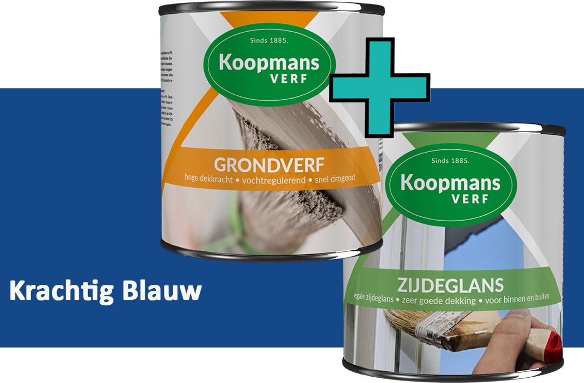 Koopmans Grondverf en Zijdeglans Lakverf - set geschikt voor hout en metaal – Krachtig Blauw – 2x – 1,5 l