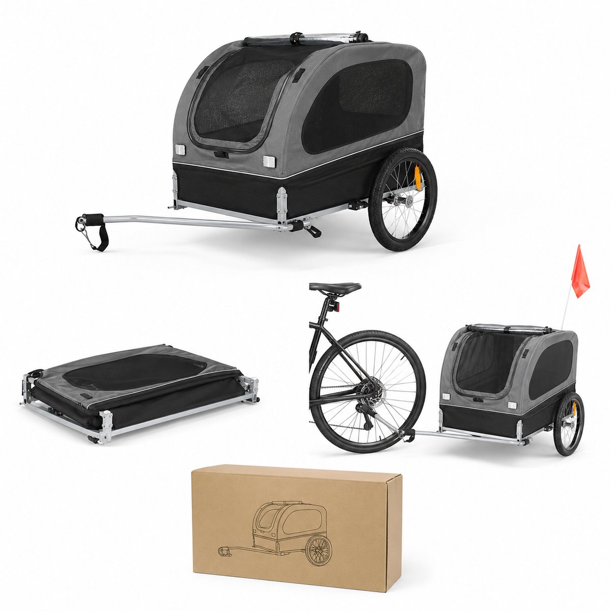 Jurrys Hondenfietskar - Aanhangwagen - Huisdierbuggy - Hondenaanhanger - Schokabsorberend - Ruim - Stevig - 40kg - Grijs