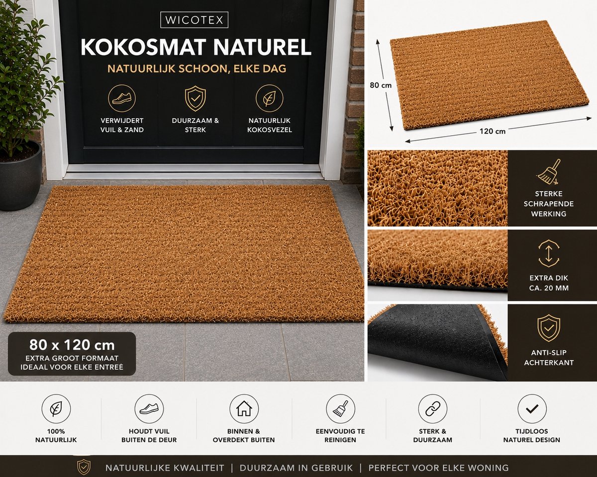 Wicotex - Deurmat - Kokosmat - Kleur naturel - Afmeting 80x120cm