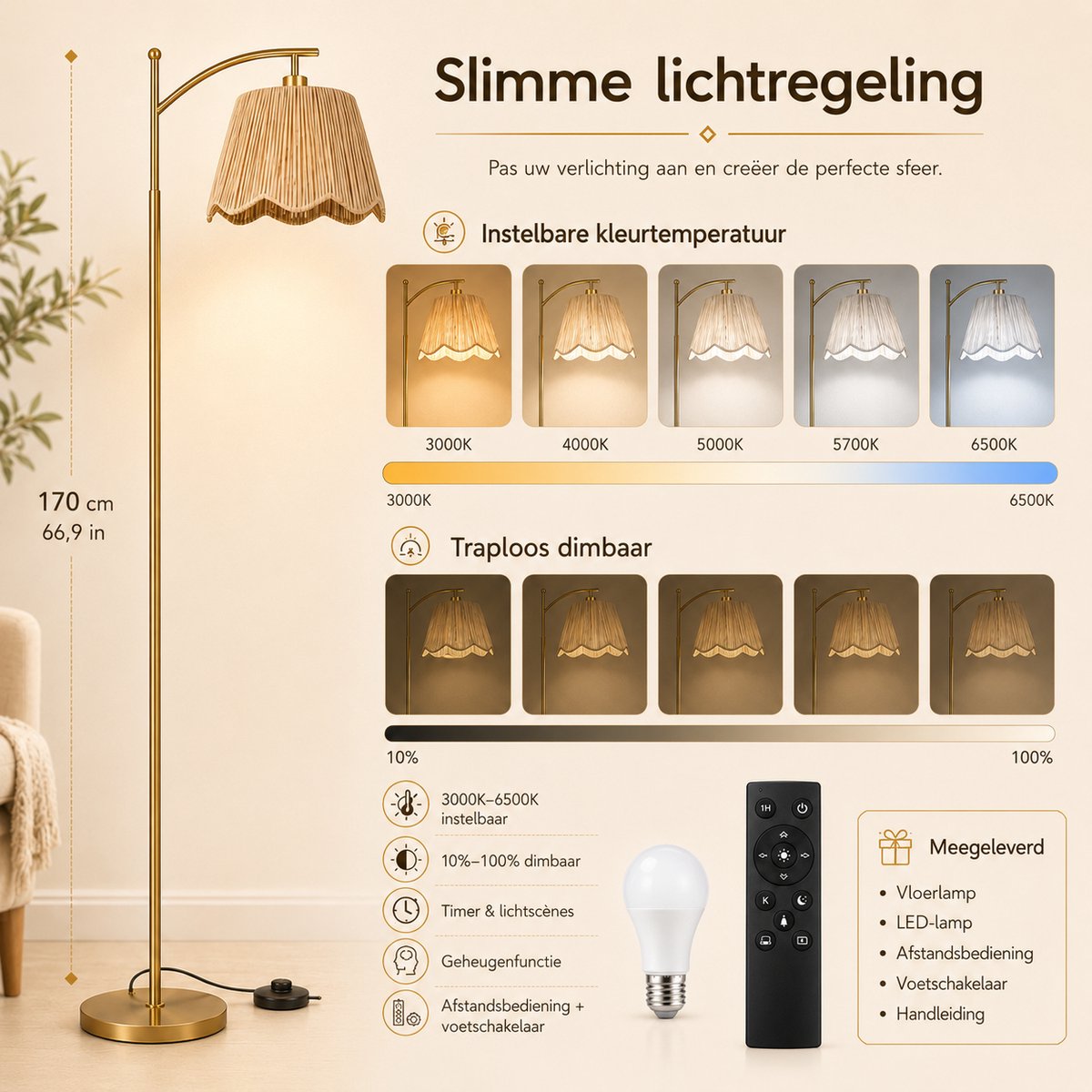 Rosnek Boho Vloerlamp Handgeweven - Rotan Look Staande Lamp met Afstandsbediening - Dimbaar 9W Slimme LED & Timer - Geheugenfunctie - Gevlochten Lampenkap - Voetschakelaar - Bohemian Japandi Interieur - voor Woonkamer Slaapkamer - Goud - 170 cm thumbnail 3