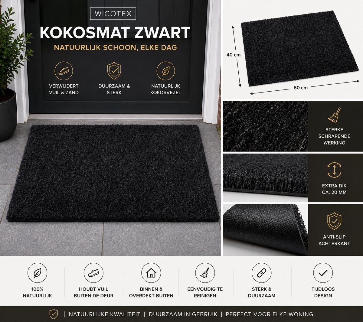 Wicotex - Deurmat - Kokosmat - Schoonloopmat - Kleur zwart -