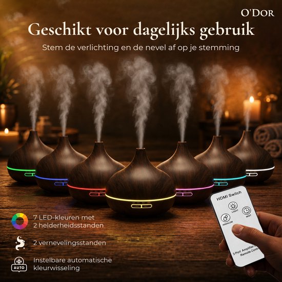 O'dor® Luchtbevochtiger - Aroma Diffuser met Geur Olie - Automatische Air Humidifier voor Slaapkamer, Babykamer, Woonkamer, Kinderkamer - Ambiance Geurdiffuser - Geurverspreider Therapie - Elektrische Ultrasone Vernevelaar & Geurverstuiver - 550ml