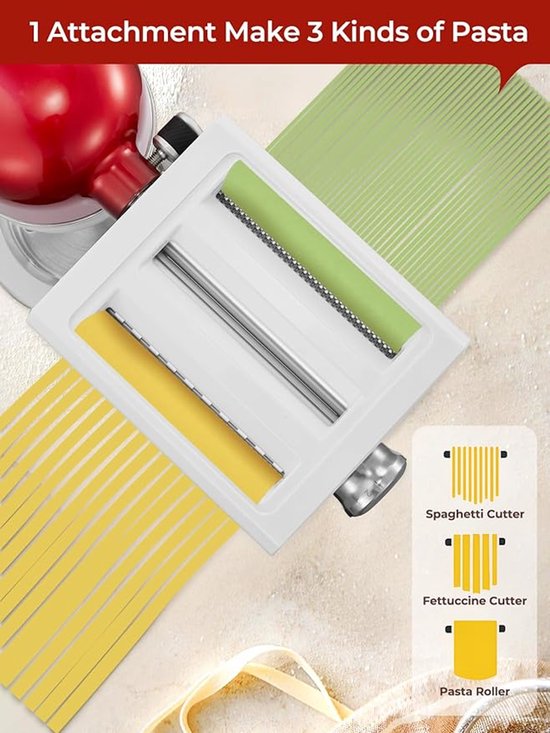 3-in-1 Pastamachine Opzetstuk voor KitchenAid - Pastaroller, Fettuccine- en Spaghettisnijder — afbeelding 4