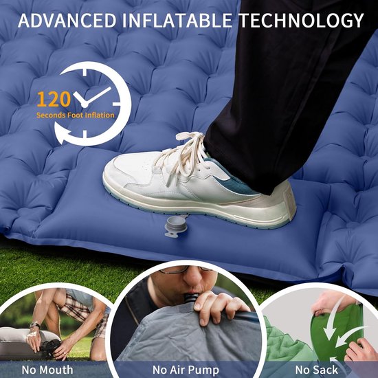 ERWEY Self-Inflating Sleeping Mat for 2 Persons, 200 x 135 cm, Ultralight Insulating Sleeping Mat, Inflatable Air Mattress, Sleeping Mat with Foot Pump, Foldable Sleeping Mats with Pillow, Navy Blue — afbeelding 3