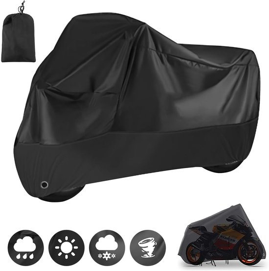 Wishdor Motorhoes Waterdicht 245 x 105 x 125 cm – Universele Motorfiets Hoes met Opbergtas, UV-Bestendig, Winddicht, Stofdicht en Regenbestendig – Zwart