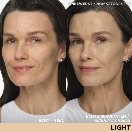 Vergelijking van een vrouw voor en na het aanbrengen van de lichte foundation. Rechts, onbewerkt.
