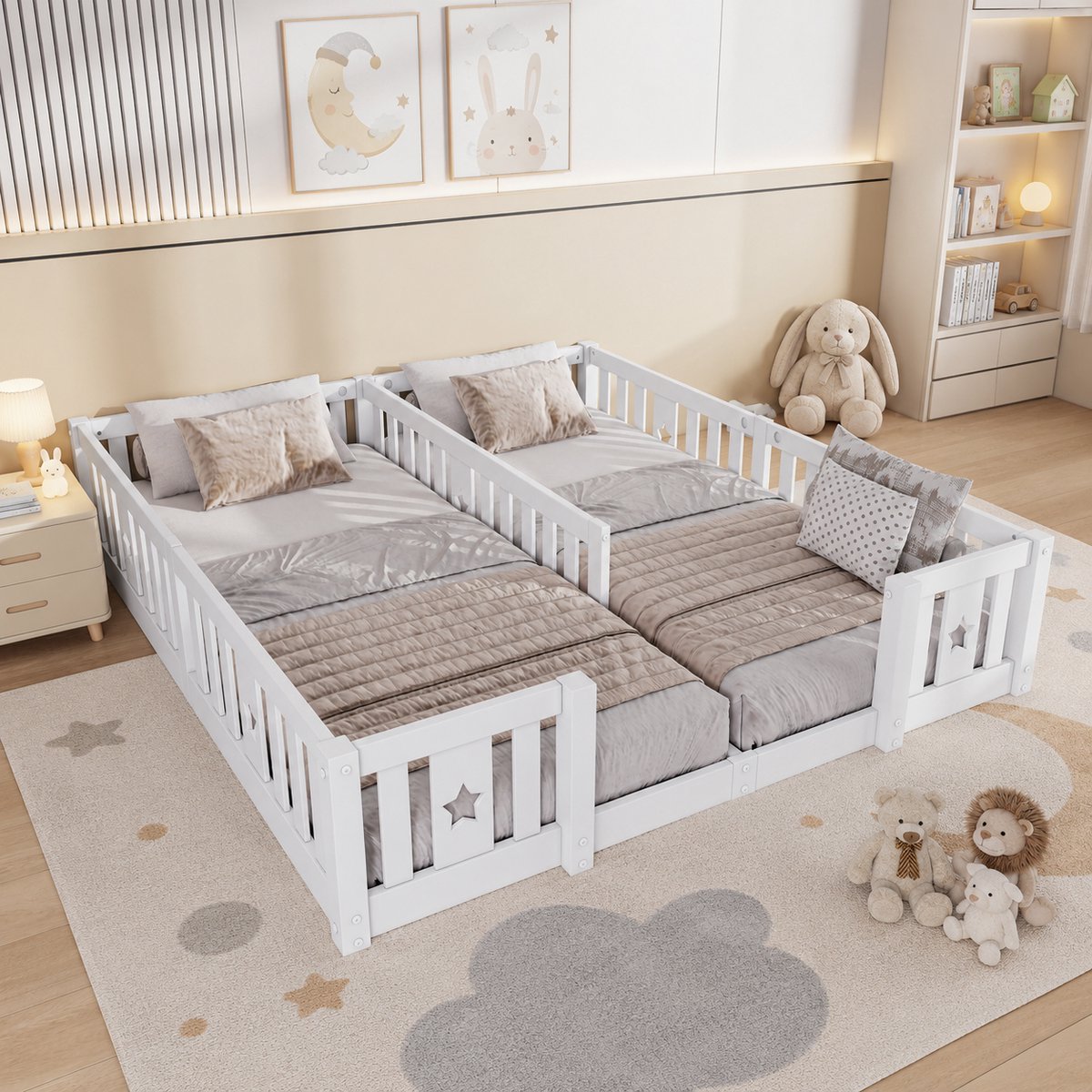 MEXUS Kinderbed – 90x200 cm x 2 – Tweepersoonsbed met veiligheidshekje - opengewerkt sterren- en maanpatroon - eenpersoonsbed - Laag bed – Hout - (met Lattenbodem) - Wit