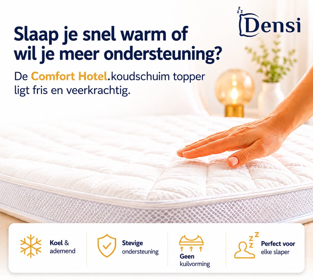 Densi Koudschuim Topper 12 cm – HR Comfort – Topdekmatras 160x200cm - Ademend & Drukverlagend – 3D Ventilatie – Tencel Hoes wit