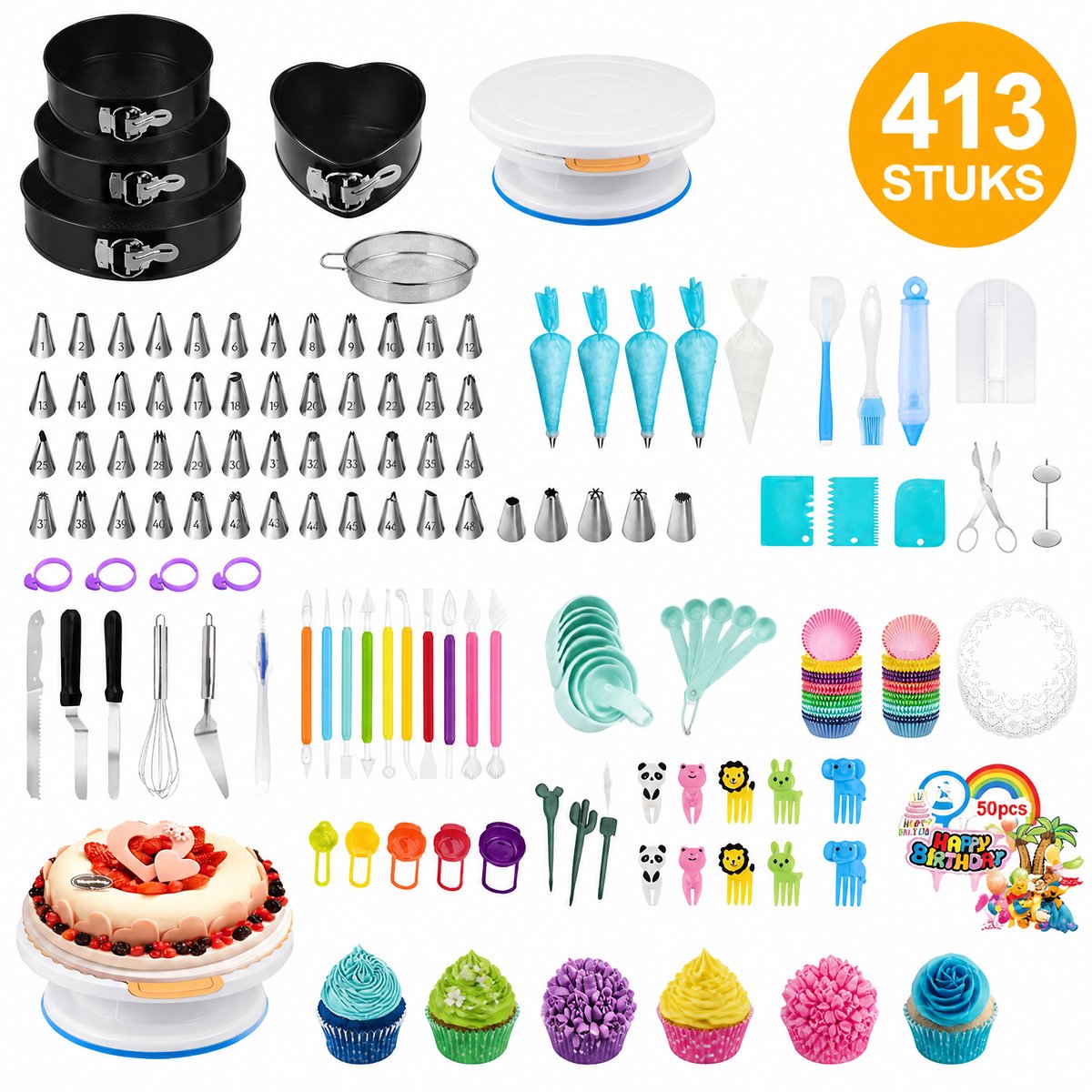 413-delige Taart Decoratie Set - Complete Bakset met Draaitafel - Taart Bak- en Glazuurset - Spuitzakken en Cake Decorating Tools