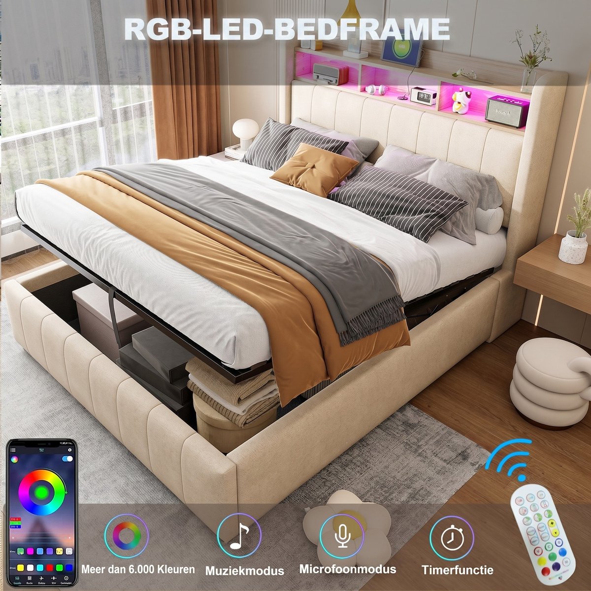 VVBV Bed met opbergruimte 140x200 / Gestoffeerd bed 140x200 / Tweepersoonsbed 140x200 – Hoofdbord – Linnen – Beige – Gestoffeerd Tweepersoonsbed