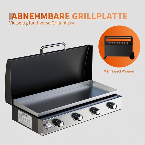 Gasbarbecue met 4 branders en een vermogen van 32.000 BTU - barbecuewagen met een vlakke bakplaat van 3086 cm² - draagbare barbecue die zowel vrijstaand als op tafel kan worden gebruikt - weerbestendige kap - roestvrijstalen branders — afbeelding 4