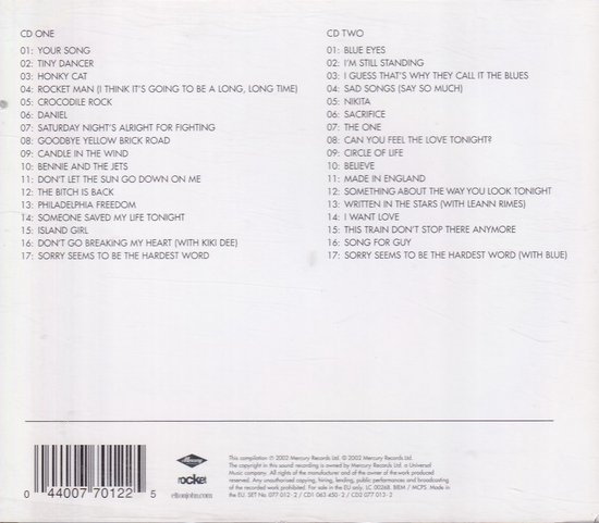 CD-inhoudlijsten voor Elton John Greatest Hits 1970-2002, met songtitels en barcodes.