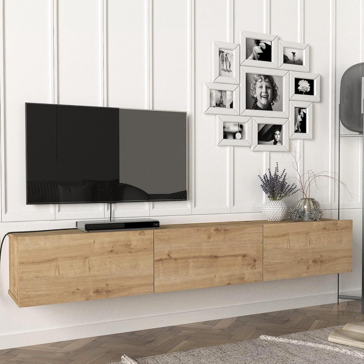 TV Meubel Zwevend 180 cm Eiken – Wandgemonteerd TV Kastje met 3 Opbergvakken, Hangend Entertainment Meubel, Moderne TV Kast voor Woonkamer en Slaapkamer – Mobili Bella