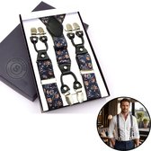 Sorprese - Luxe Chique Bretels - Flower Blue - Zwart Leer - 6 Stevige Clips - Bretels Heren Volwassenen - Inclusief Cadeaudoos