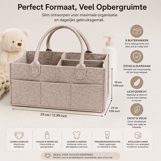 FSW-Products Vilt Baby Organizer - Opbergmand met 8 BuitenVakken en Handgrepen - Luiertas Organizer voor Luiers, Doekjes en Babyspullen - Beige van fsw-products — afbeelding 2
