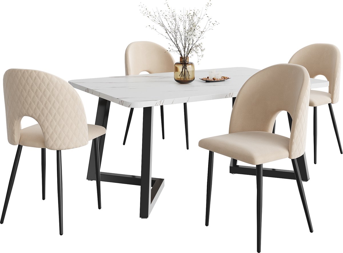 Eettafelset - 1 rechthoekige eettafel met 4 stoelen - beige eetstoelen met rugleuning - verstelbare stoelpoot - zwarte tafelpoten