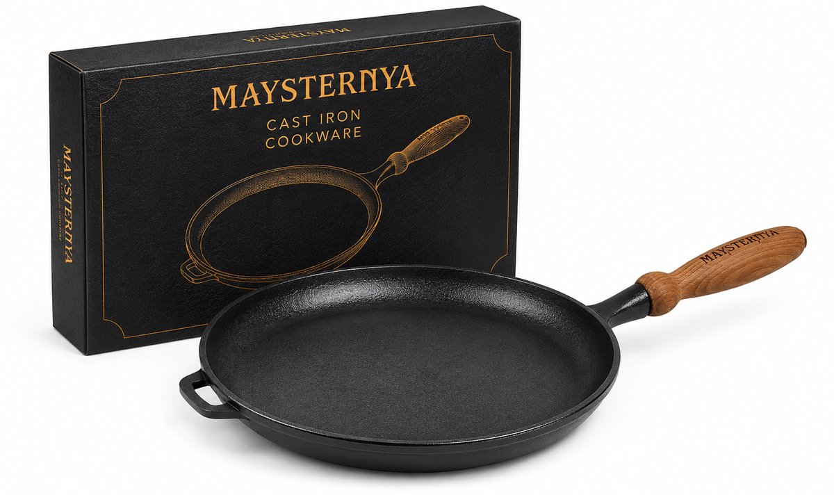 MAYSTERNYA Gietijzeren Pannenkoekenpan 24 cm – Crêpe & Flensjespan – Geschikt voor Inductie – PFAS-vrij – Gietijzeren Pan met Houten Handvat – Pannenkoekpan voor Perfecte Crêpes – Luxe Cadeauverpakking – Mat Zwart