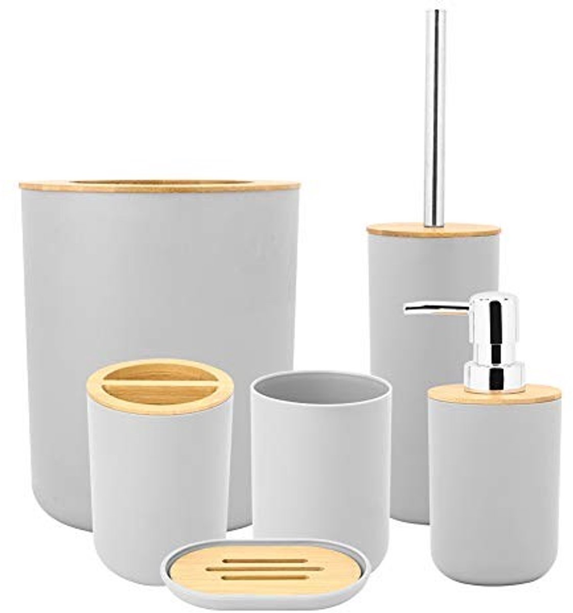 Dailygoods- Badkamerset 6-delig - Badkameraccessoires - Toiletset - Zeepdispenser - Tandenborstelhouder - Duurzaam PP/Bamboe materiaal