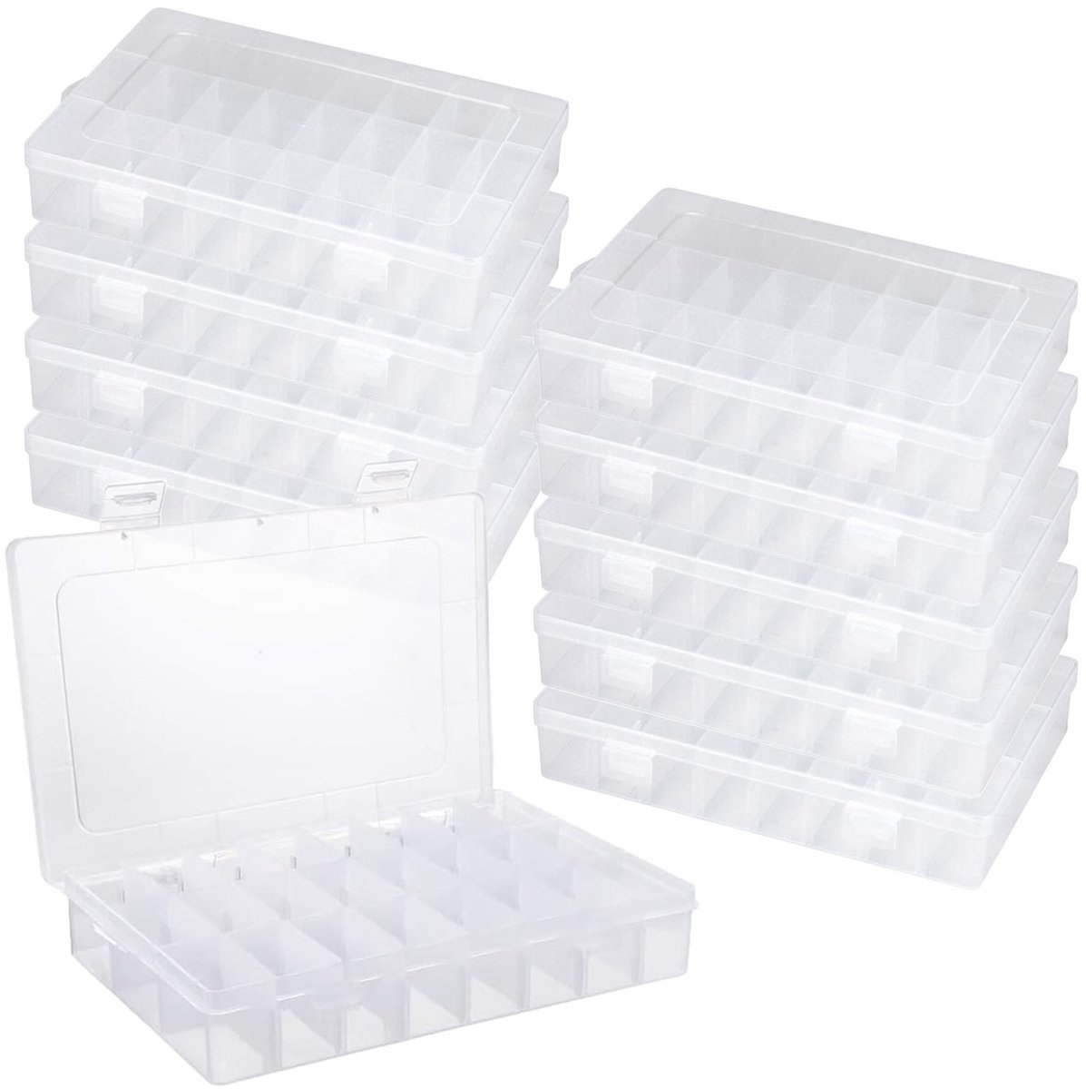 Dailygoods- Opbergdoos 10 Stuks - Opbergdoos met 24 Compartimenten - Verstelbare Indeling - Plastic - Transparant - Compact 19,5 x 13 x 3,5 cm - Opbergdozen