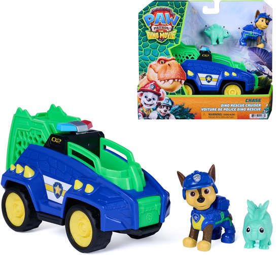 PAW Patrol : Le film Dino, Chase Dino Rescue Cruiser avec griffe à ressort et 2 figurines