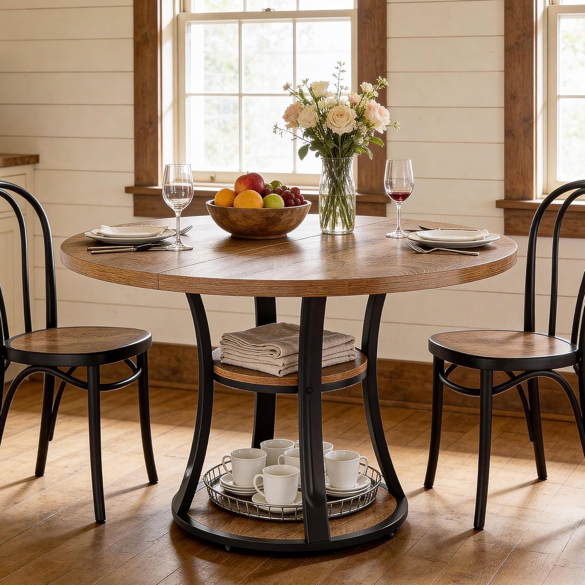 Luxe Ronde Zuiltafel Ø 100 cm met Ingebouwde Opbergplanken – Ruimtebesparende Industriële
