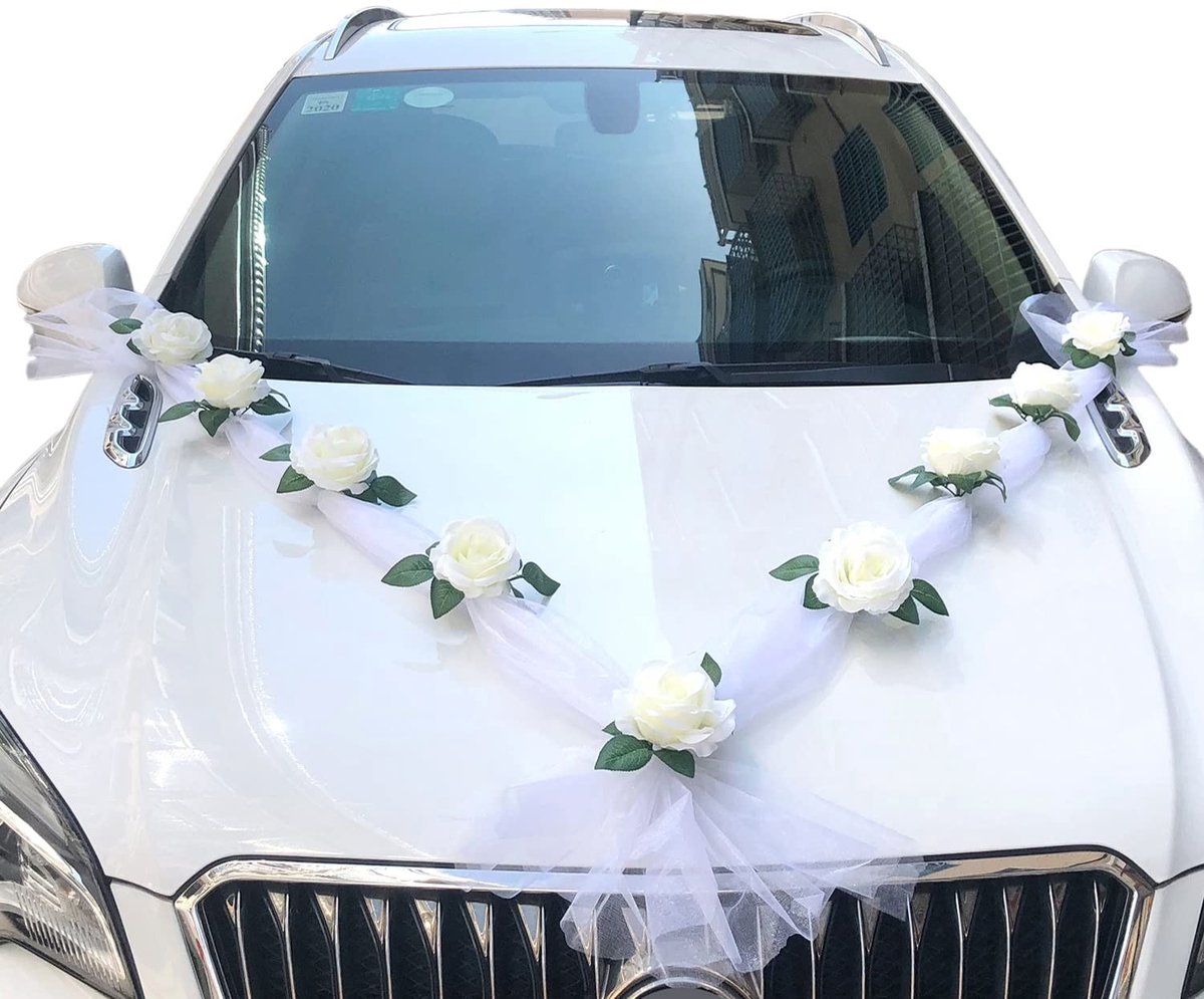 Dailygoods- Autodecoratie Bruiloft - Decoratie voor Auto - Slinger met Bloemen - Tule 160 cm - Kunstzijde Bloemen 11 cm - 2 Stuks - Trouwdecoratie