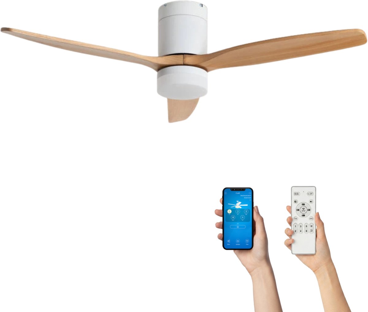 Fantiluxe - Filip - Plafondventilator met verlichting - Wit Licht Hout - Ø132cm - Afstandsbediening - Met lamp - Plafond ventilator - Slaapkamer