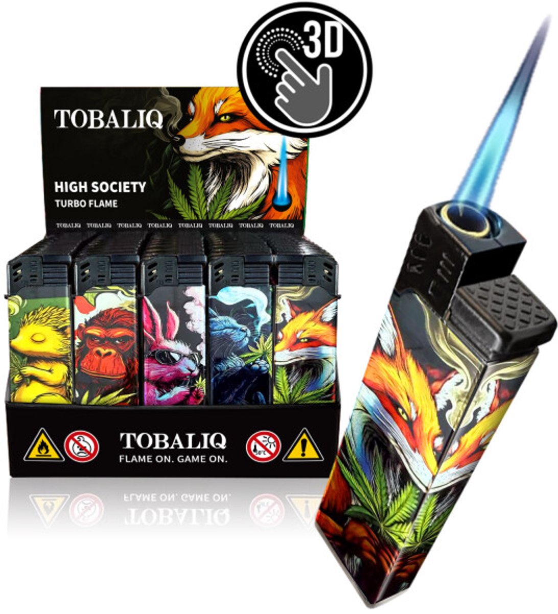 Tobaliq - Display 50 stuks- Turbo Aansteker -Design 3D JET-Motiefaansteker High Society - Aansteker - Navulbaar - Stormaansteker - Vuurwerk aansteker - BBQ