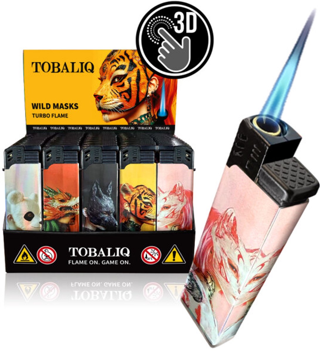 Tobaliq - Display 50 stuks- Turbo Aansteker - Design 3D JET-Motiefaansteker Wild Masks - Aansteker - Navulbaar - Stormaansteker - Vuurwerk aansteker - BBQ