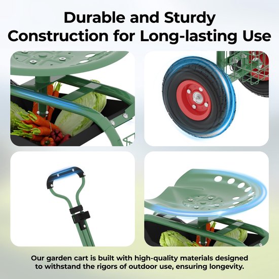 Zware tuinwagen met 360° draaibare zitting - verstelbaar handvat en opbergmand voor tuingereedschap — afbeelding 3