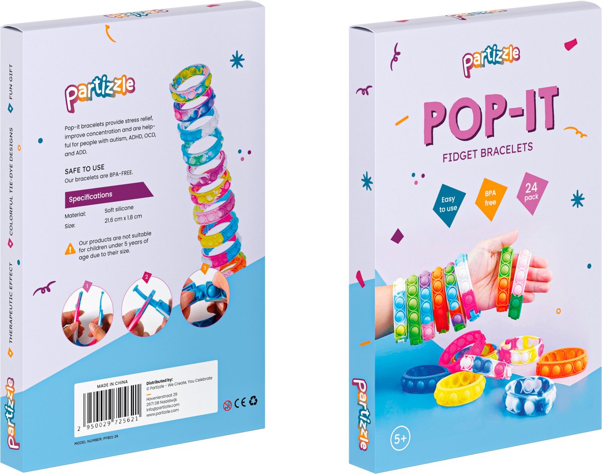 Partizzle 48x Fidget Toys Pop It Armbanden Pakket - Armbandjes Uitdeelcadeautjes - Grabbelton Traktatie Cadeautjes - Voor Kinderen & Peuters — afbeelding 6