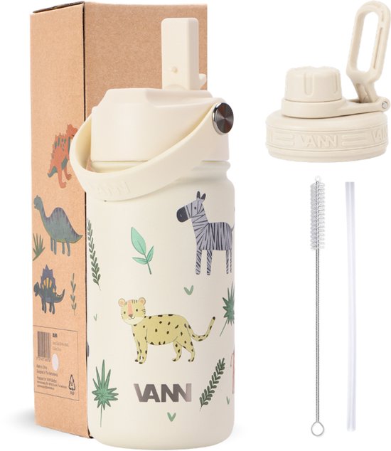 VANN® 3-Wandige Drinkfles en Schoolbeker voor kinderen met rietje in 1 – 400 ML – RVS – Met 4 accessoires – 24 uur koud/12 uur warm – Animals