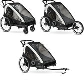 Trois remorques à vélo Deryan sur fond blanc : une avec attelage, une sans, et une en mode poussette.