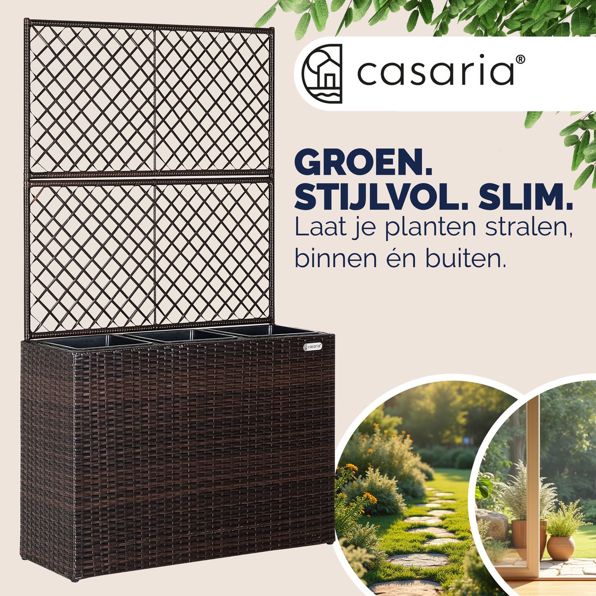 Casaria Polyrattan Plantenbak met Klimrek – 3 Bloembakken – 83x31x146 cm – Bruin — afbeelding 2