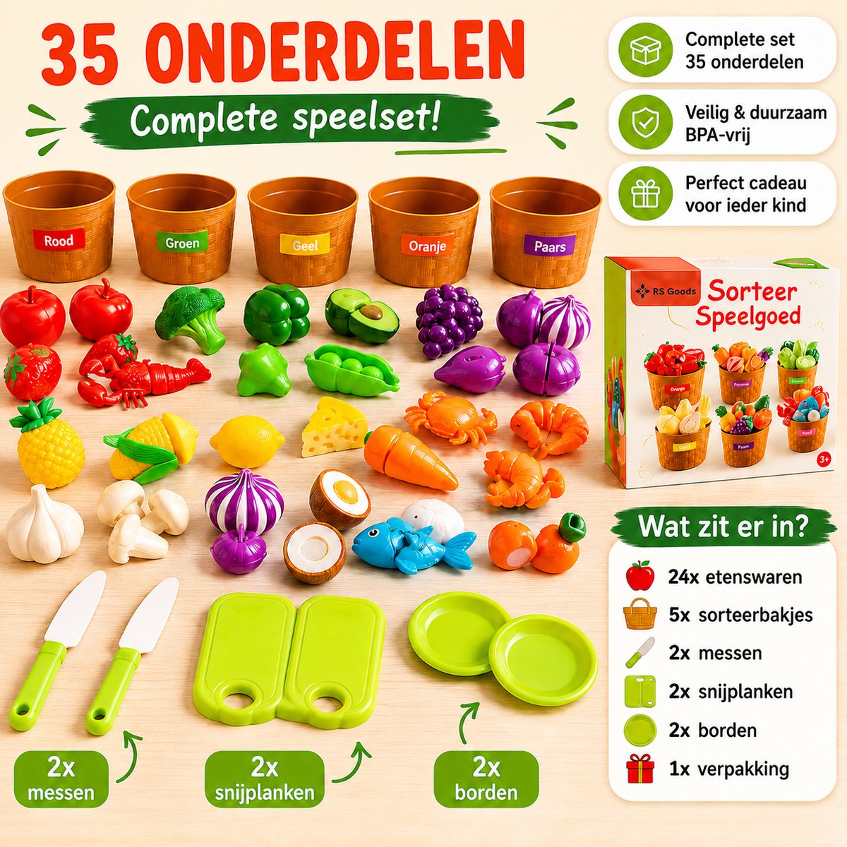 Sorteer Speelgoed Fruit Set - 35 Onderdelen - Speelgoed 1 Jaar - Speelgoed 2 Jaar - Speelgoed 3 Jaar - Montessori Speelgoed - Educatief Speelgoed - Jongens Speelgoed - Meisjes Speelgoed - Sensorisch Speelgoed - Kinderspeelgoed — afbeelding 5
