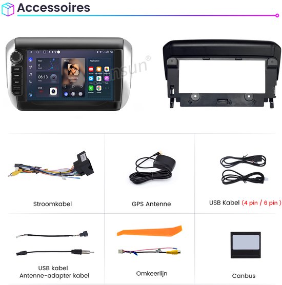 Accessoires voor de autoradio: stroomkabel, GPS antenne, USB kabels, antenne-adapter kabel, omkeerlijn en Canbus.