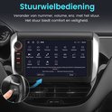 De stuurbediening van het autoradio toont functies zoals Power, Mute, SRC en volume.