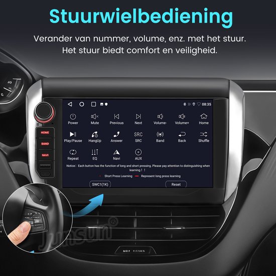 De stuurbediening van het autoradio toont functies zoals Power, Mute, SRC en volume.