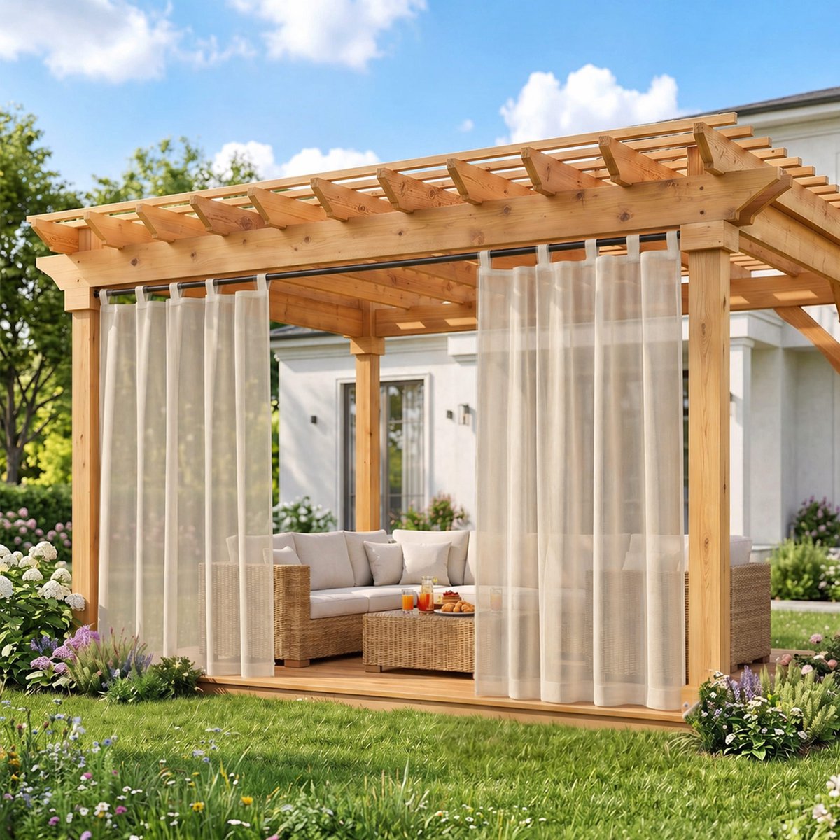 MUPOO Landelijk Waterafstotende Buitengordijnen met Klittenband - velcro Outdoor voile Gordijnen - Vitrages voor voor Terras, Veranda & Pergola -zonder boren - Lichtdoorlatend & Privacy - Luchtig - 132x244cm -Khaki - 2 stucks Kaki-2 stuks