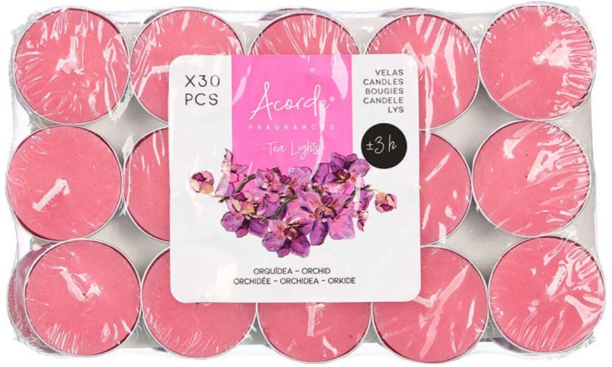 Acorde theelichtjes - orchidee geur - 30x - roze - waxinelichtjes/geurkaarsen - 3 branduren