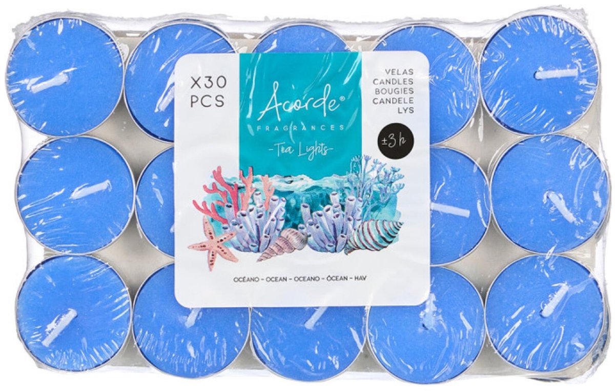Acorde theelichtjes - ocean geur - 30x - blauw - waxinelichtjes/geurkaarsen - 3 branduren