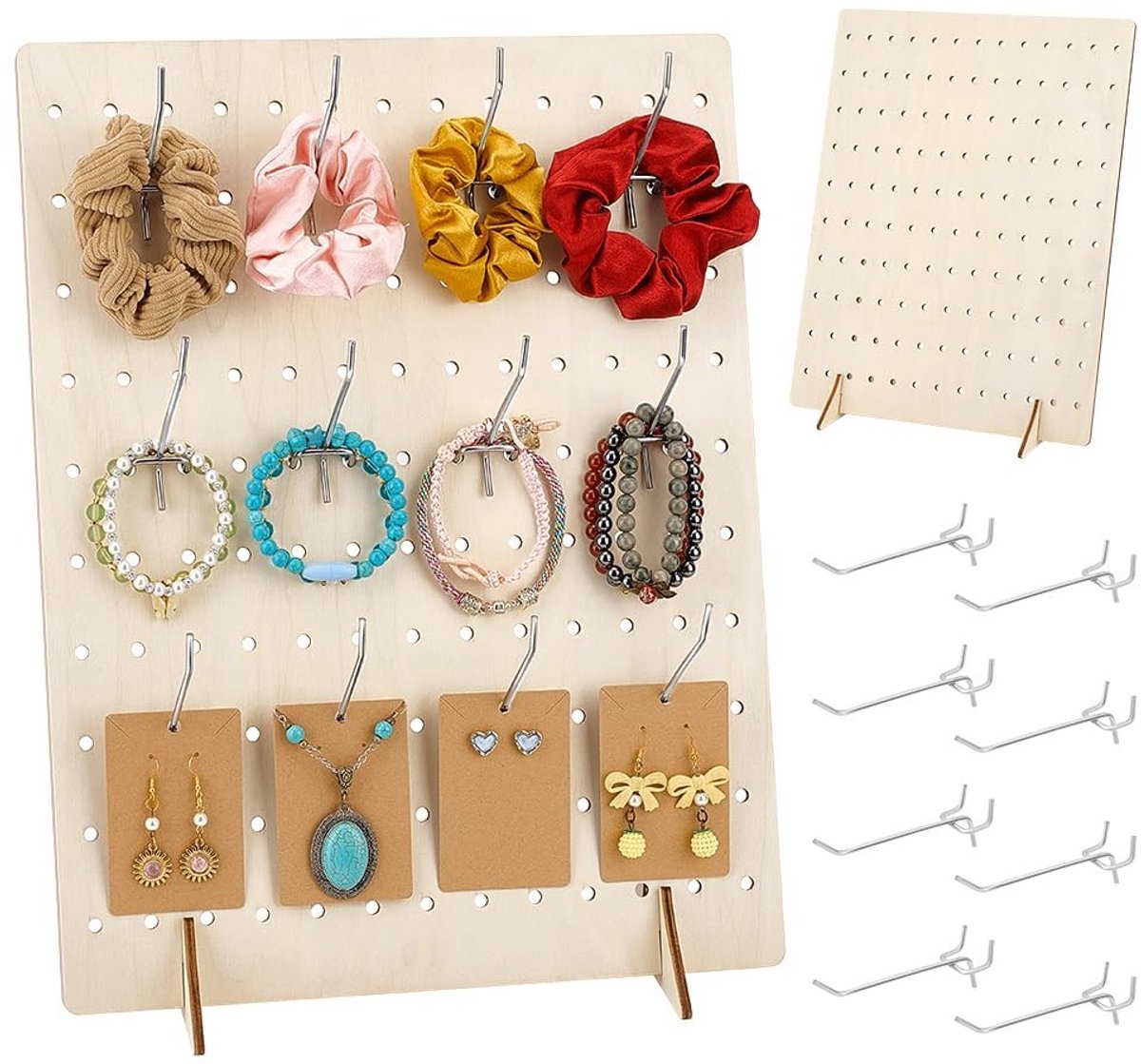 Dailygoods- Pegboard Set van 2 - Houten Display Stand - 30 Metalen Haken - Sieraden Organizer - Retail Rack - Afmetingen 43 x 33 x 0,5 cm - Displaystand