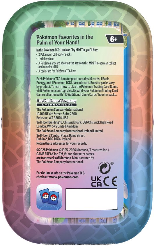 Pokémon Minize tin met de tekst 'Pokémon Favorites in the Palm of Your Hand!' en de leeftijdsindicatie 6+.